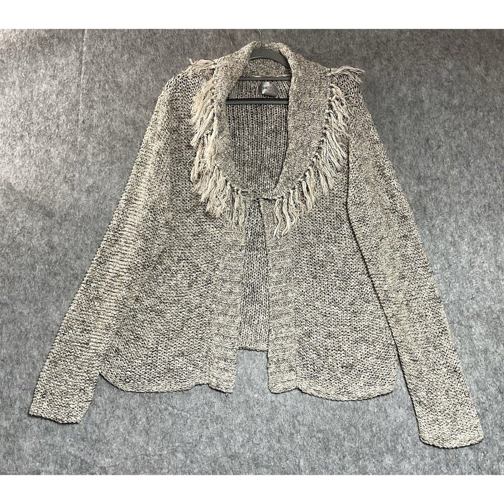 Chicos Cardigan Sweater Womens 2 Large Beige Fringe V Neck Long Sleeve Boho